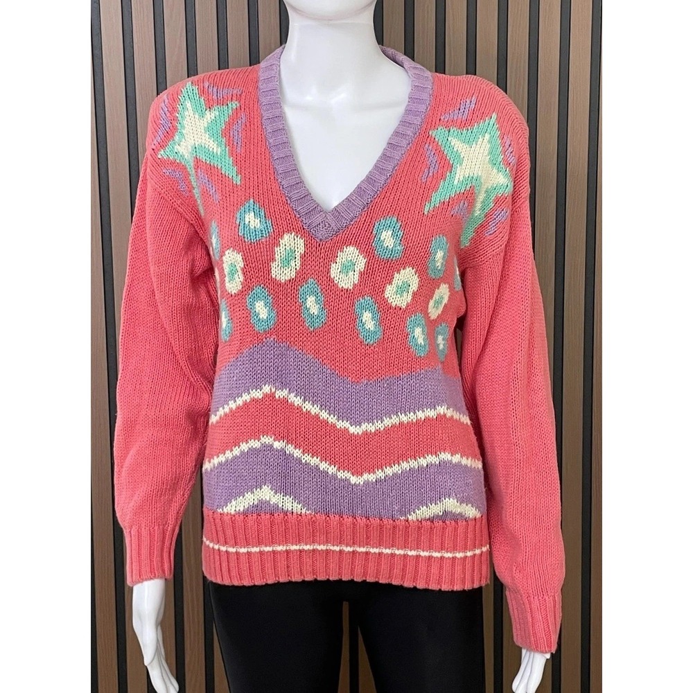 Liz Sport Women's M Pink‎ Sweater Pullover Knit 80s Vintage Stars Colorblock